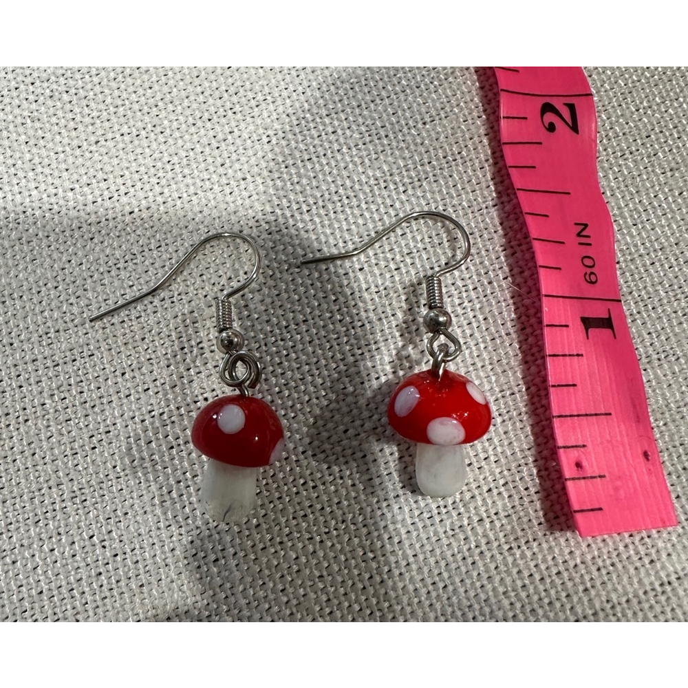 Womens Mushroom Earrings Red White - Picture 3 of 4